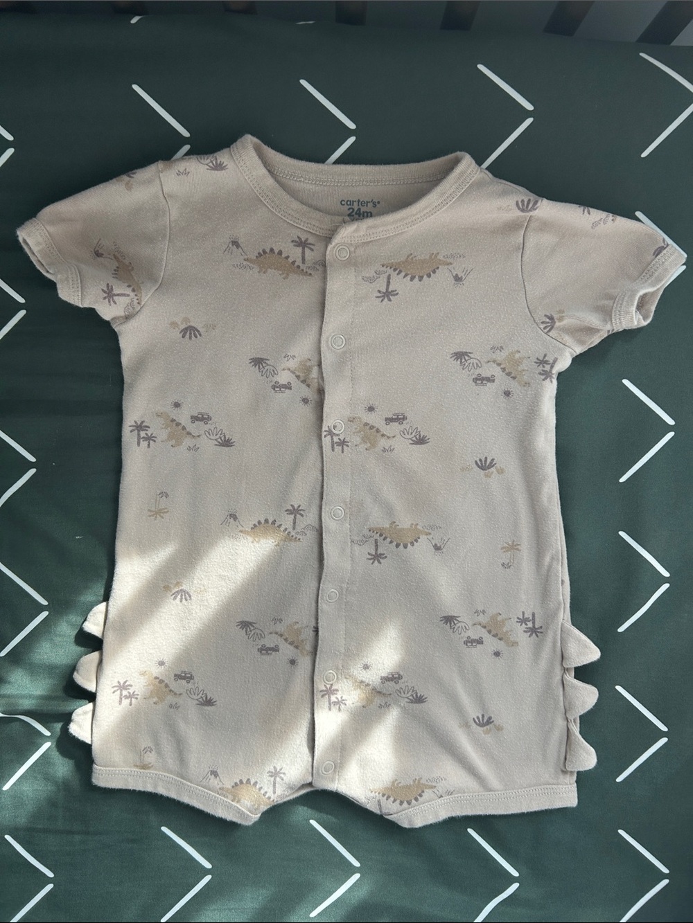 Carter's Beige Dino Print Short-Sleeve Romper with Tail Accents